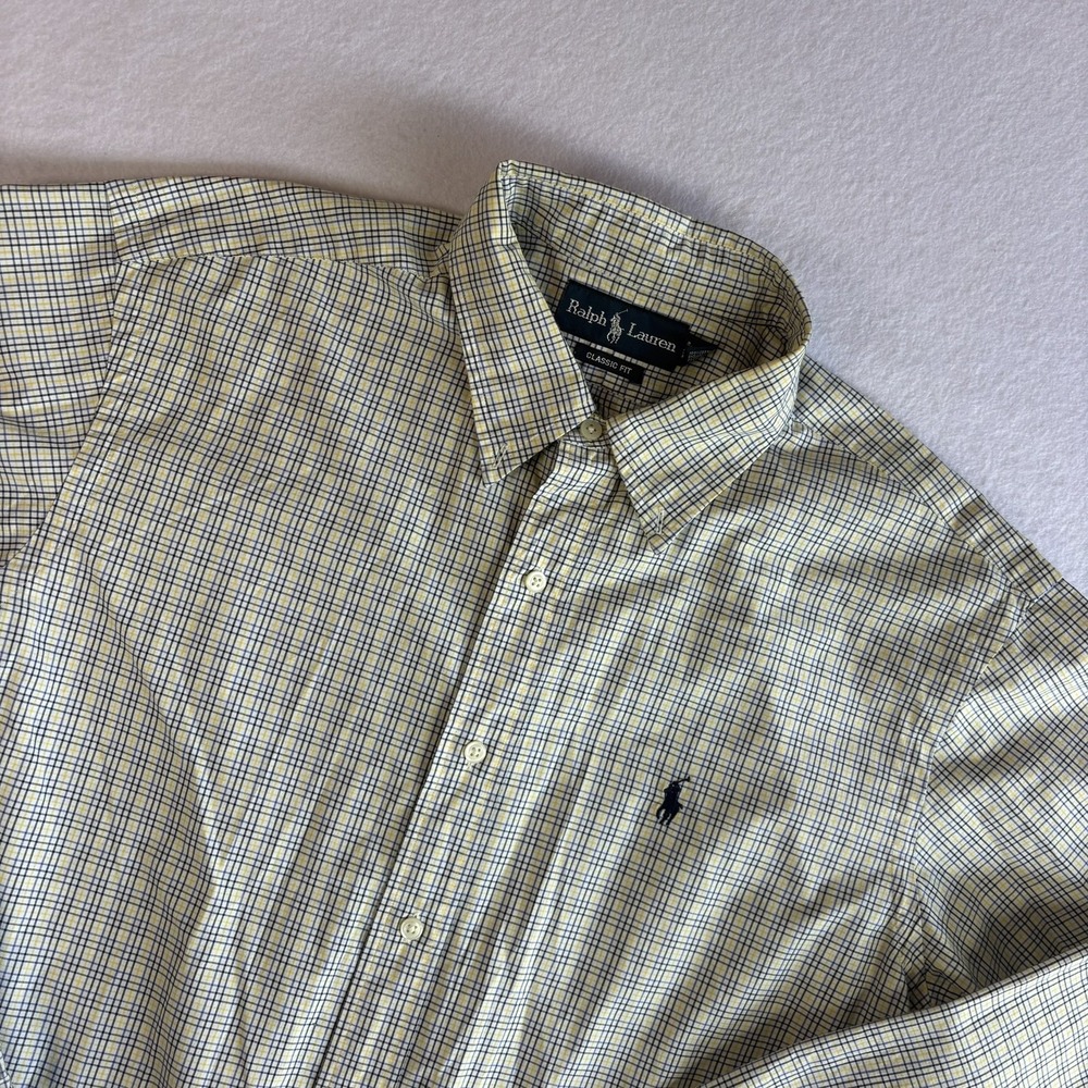 Ralph Lauren Dress Shirt Mens 16.5 36/37 Button-Up Check Yellow Blue Classic Fit